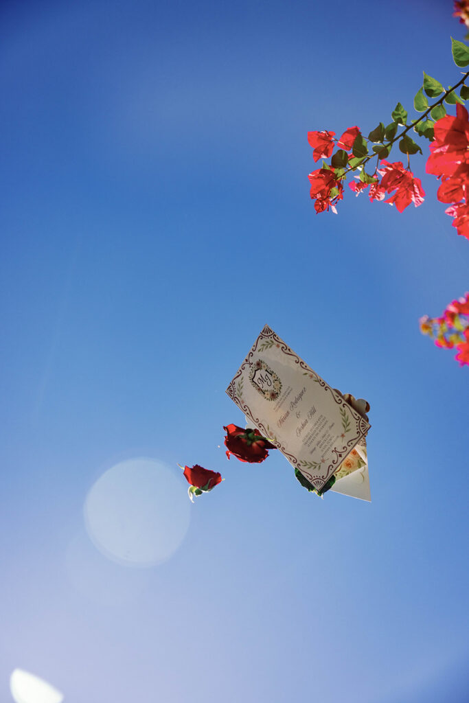 Black and white wedding invitation thrown in the air with red roses