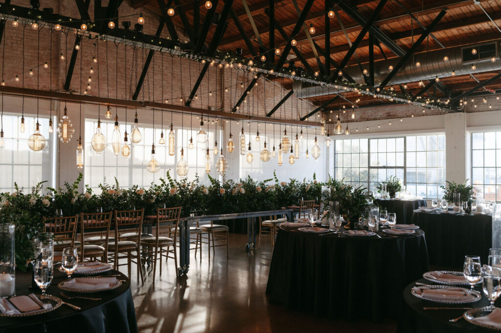 Wedding venue in Dallas with hanging lightbulbs and industrial vibes