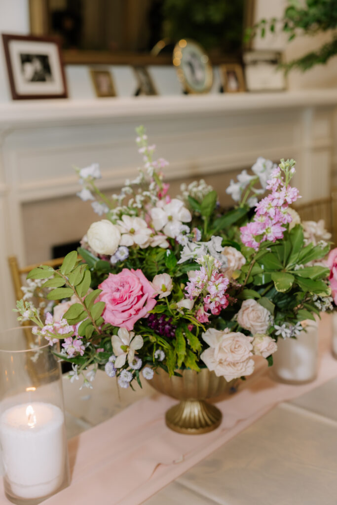 Floral arrangement with pink and white flowers for wedding reception at Arlington Hall in Dallas